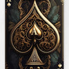 Kartendesign mit goldener Ass von Spades auf schwarzem Hintergrund mit verzierten Blättern