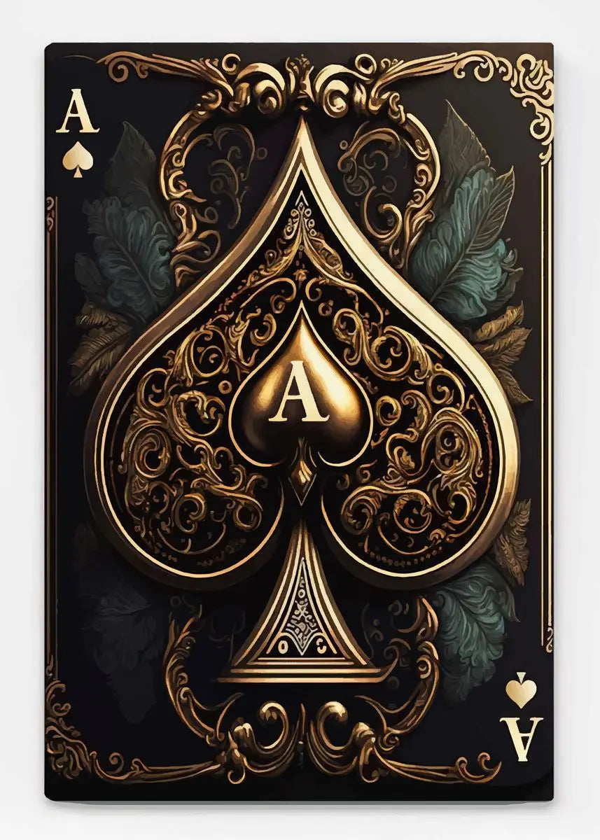 Kartendesign mit goldener Ass von Spades auf schwarzem Hintergrund mit verzierten Blättern