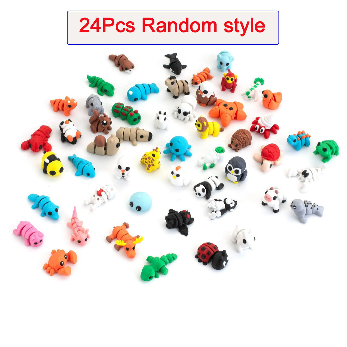 A collection of 24 random style articulated 3D animal figurines in various colors and shapes.