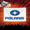 A white banner featuring the Polaris logo on a dark blue oval, set against an orange background with radiating lines.