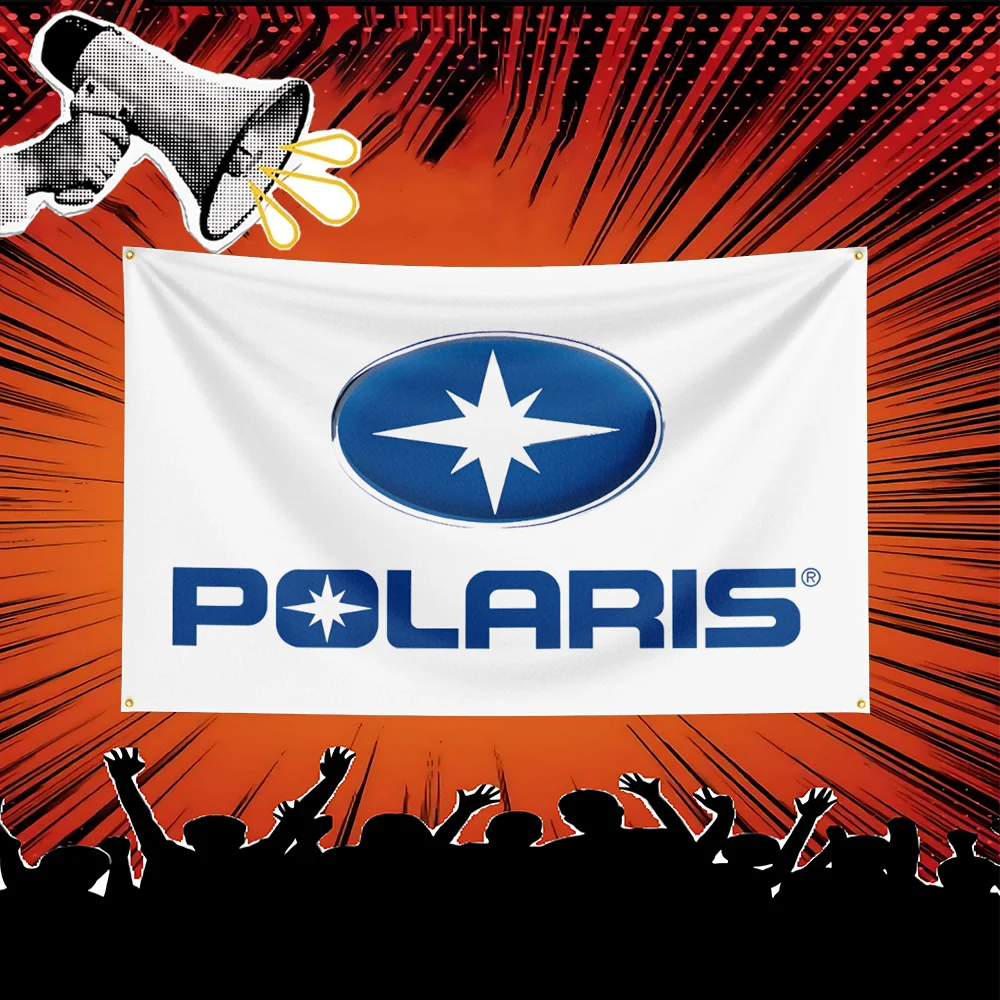 A white banner featuring the Polaris logo on a dark blue oval, set against an orange background with radiating lines.