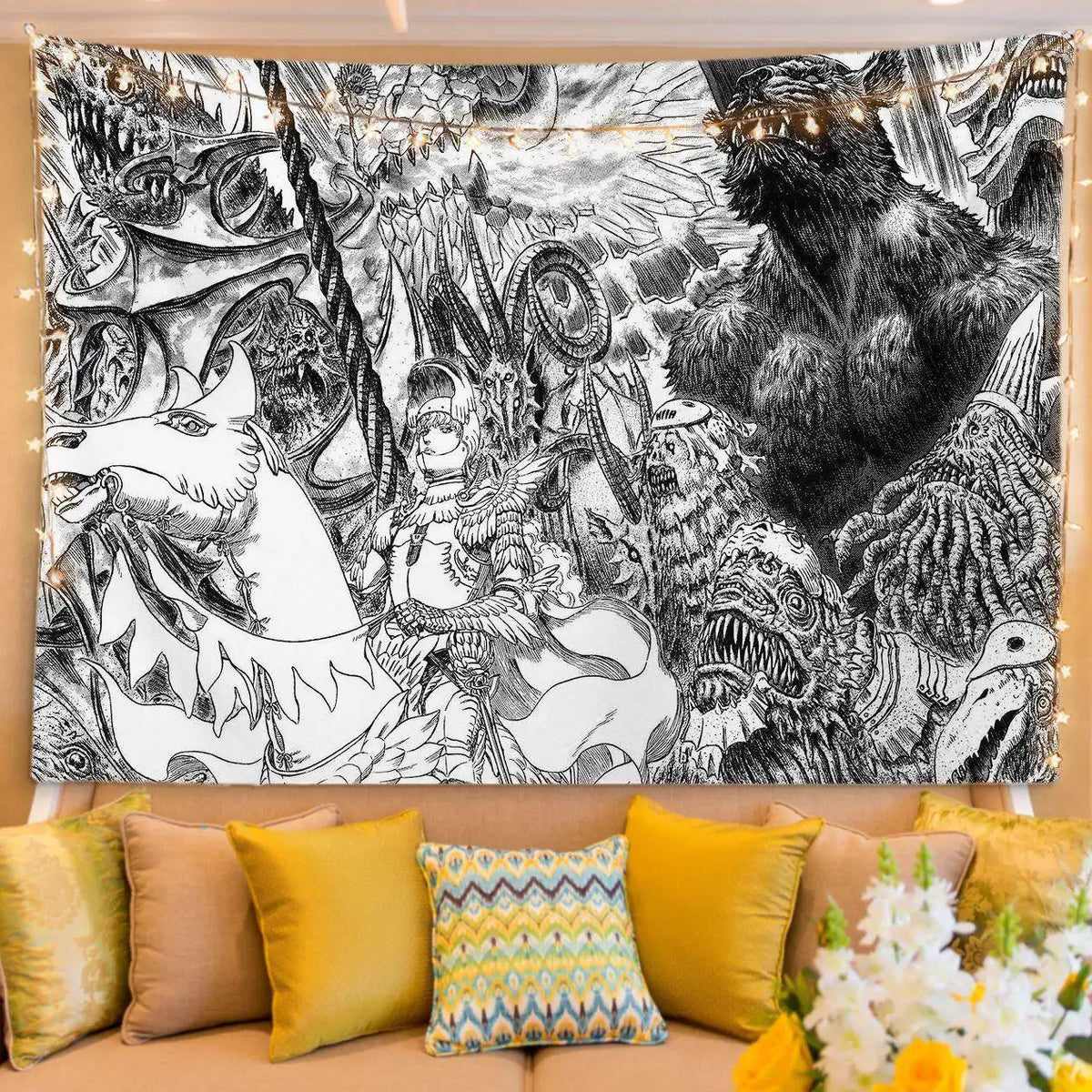 A black and white manga art tapestry featuring characters from Berserk for bedroom decor.