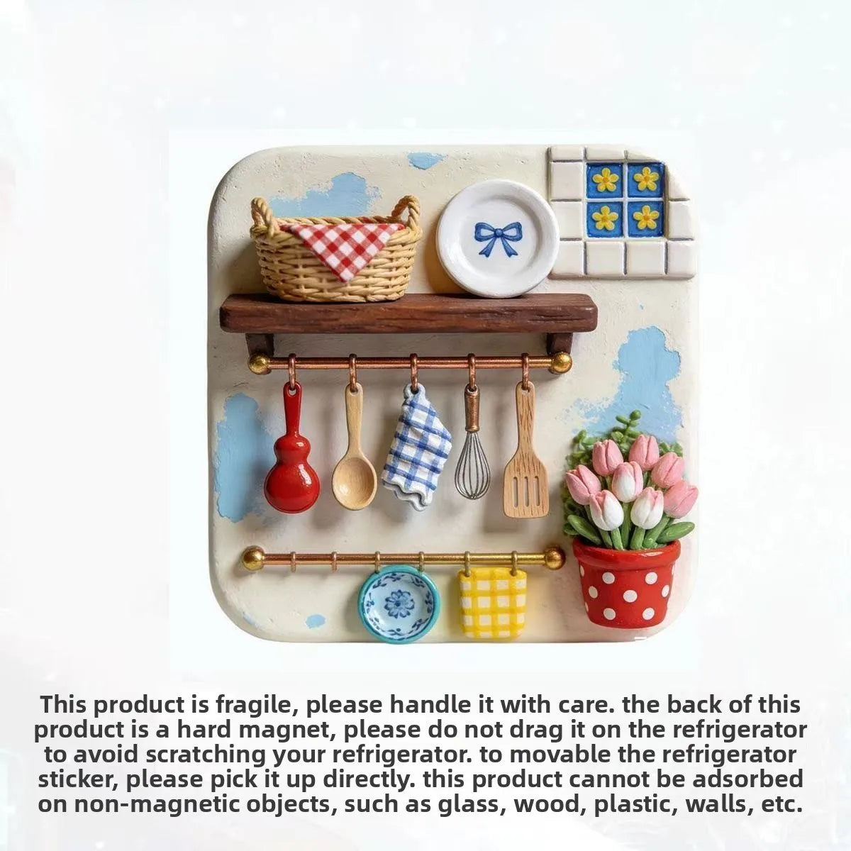 A set of kitchen tools and a woven basket displayed on a white tile with magnets.