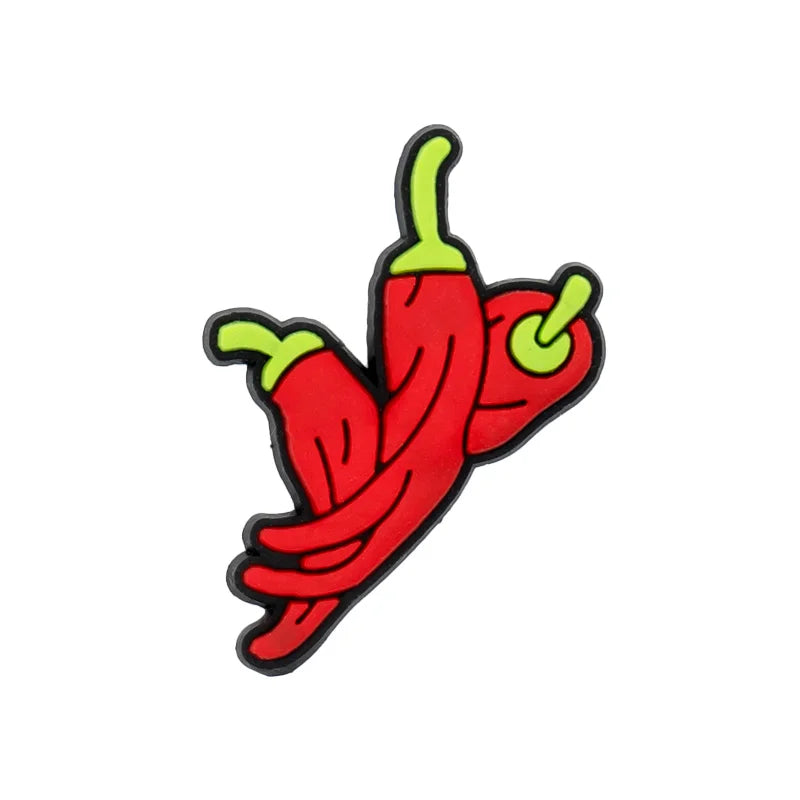 A red chili pepper charm with a green stem and a yellow-green highlight.