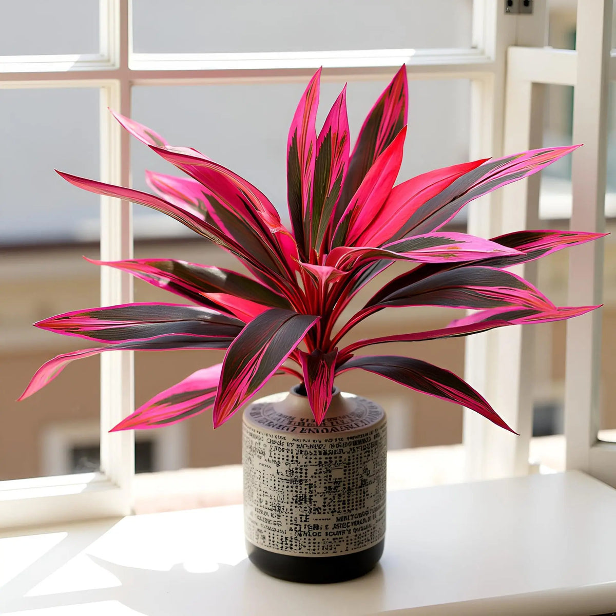 Una vibrante planta tropical rosa y morada artificial en un jarrón de cerámica gris sobre un alféizar blanco.