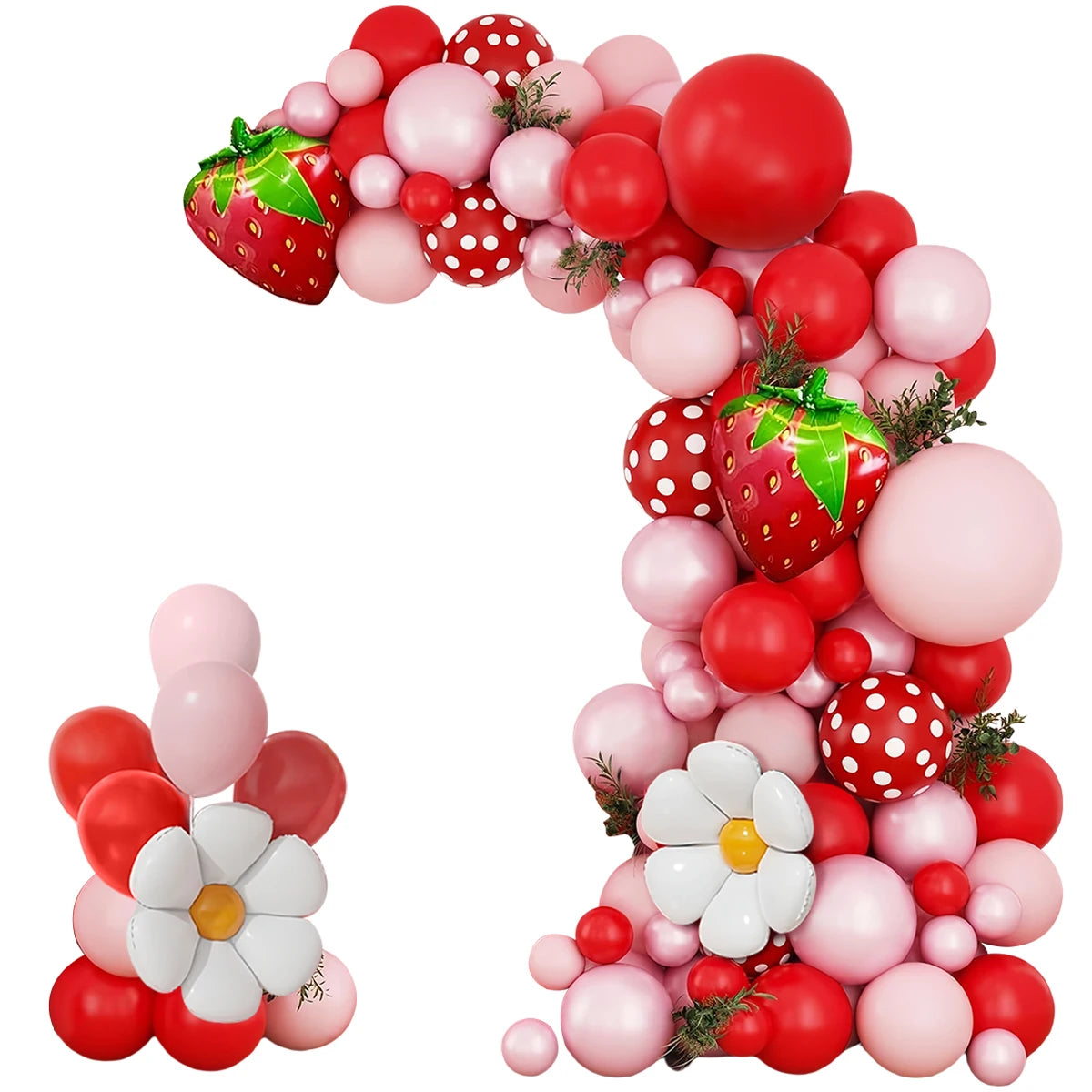 A vibrant balloon arch wreath featuring red and pink balloons with strawberry accents.