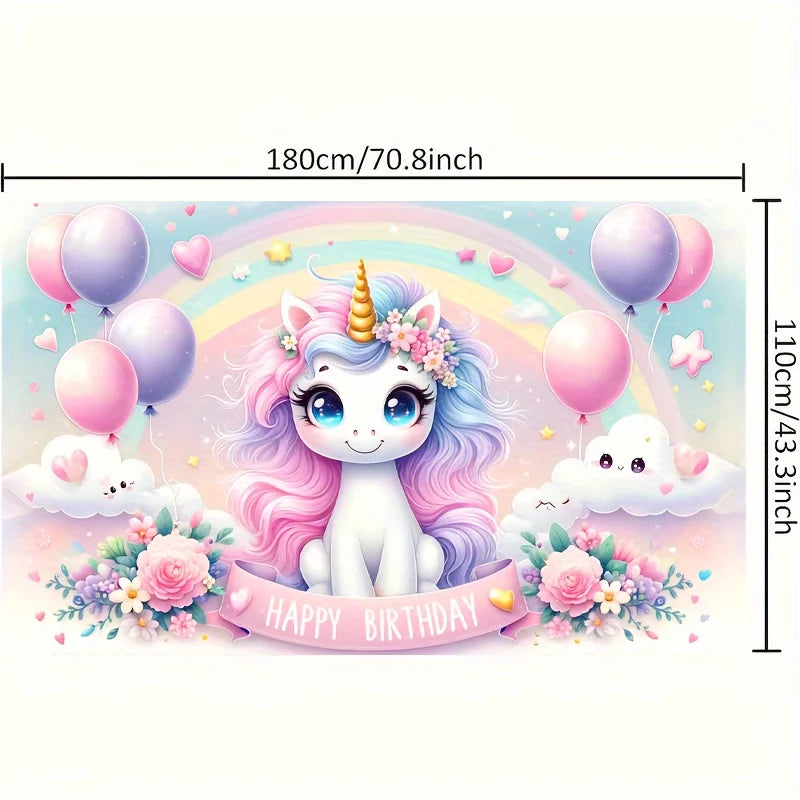 A magical pink unicorn with a rainbow background surrounded by balloons and flowers for a birthday party backdrop.