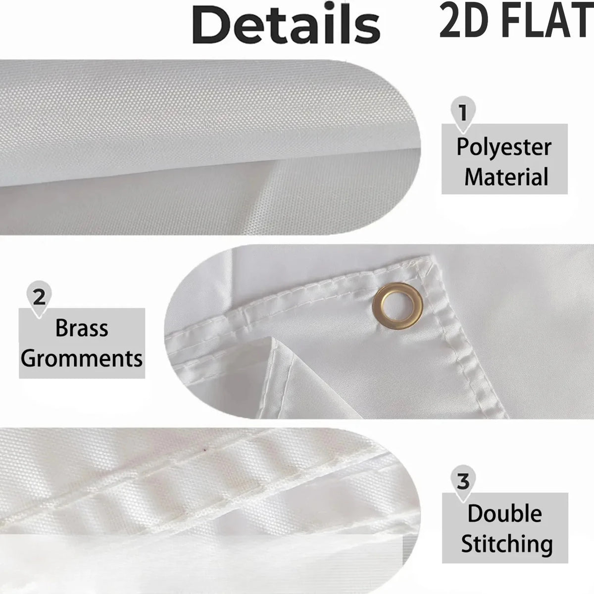 Details of a white polyester banner featuring brass grommets and double stitching.