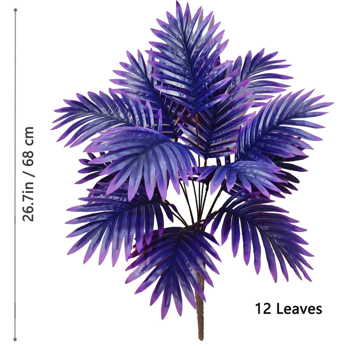 A realistic artificial palm tree featuring 12 purple silk leaves.