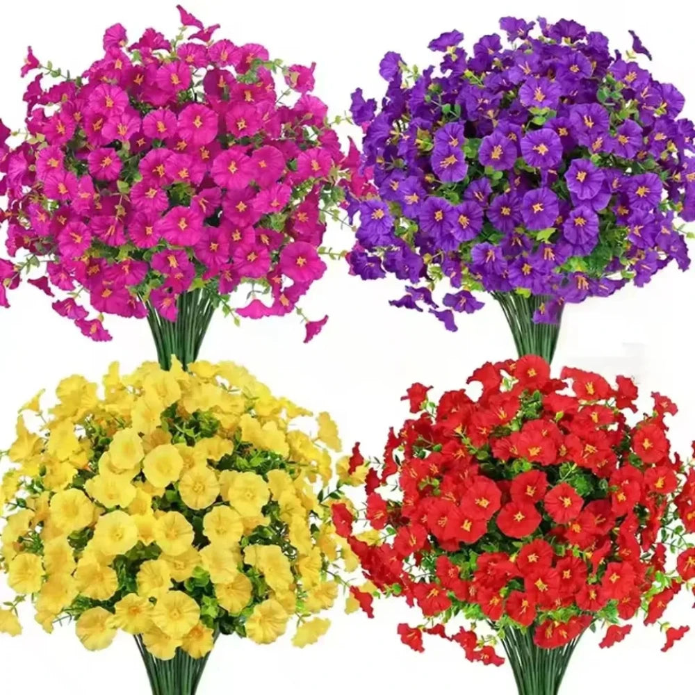 A bouquet of artificial flowers featuring vibrant purple, pink, and yellow blooms.