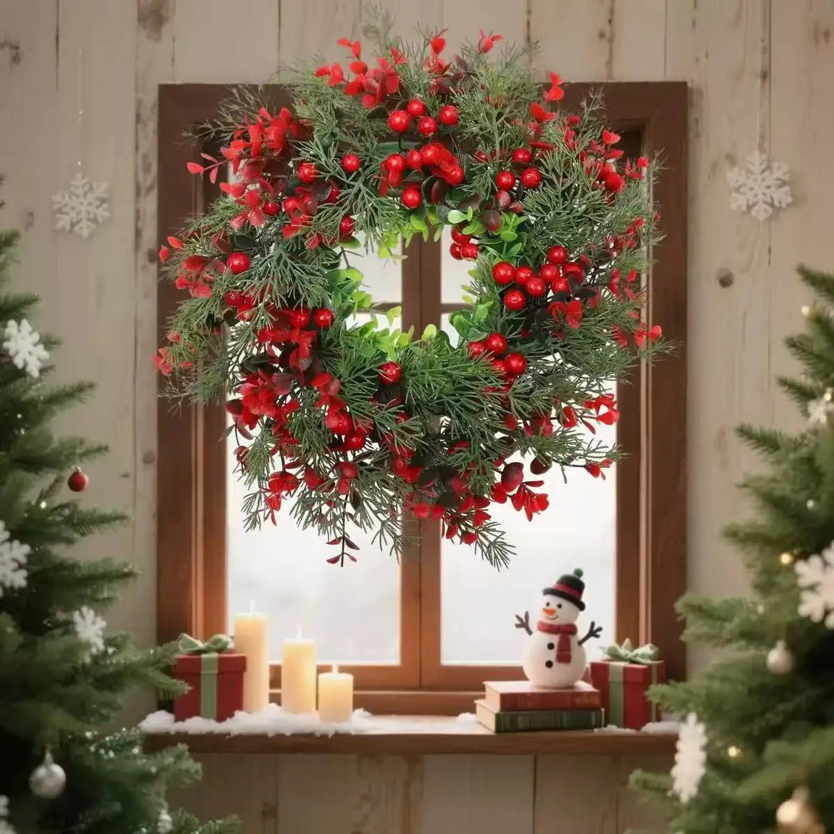 Corona navideña de bayas rojas artificiales decorada con ramas de pino y exhibida en un marco de madera.
