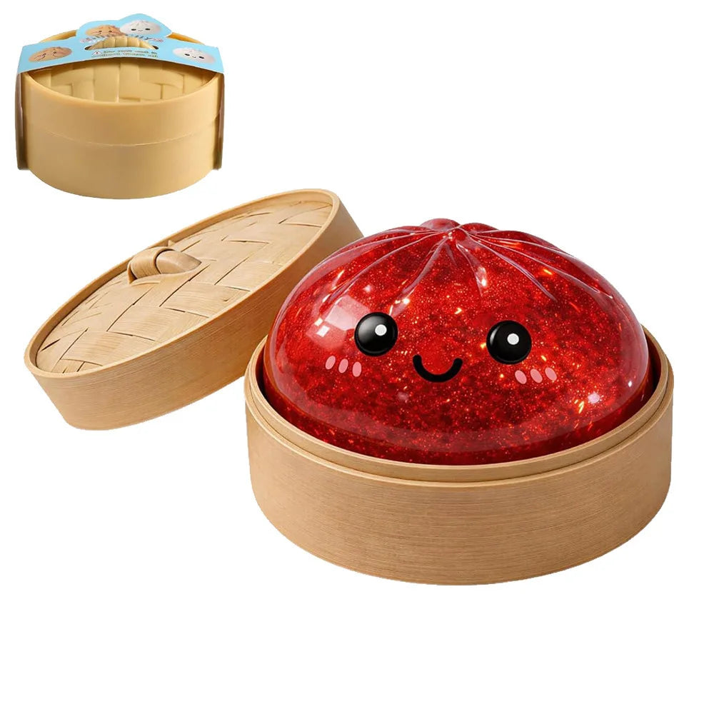 A red, glittery, face-shaped squishy toy is shown in its wooden container and a separate lid.