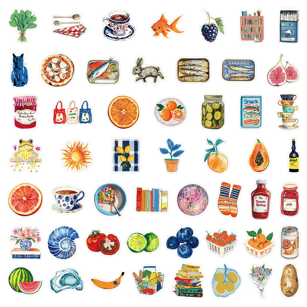 Colección de pegatinas decorativas vintage con alimentos y elementos naturales.