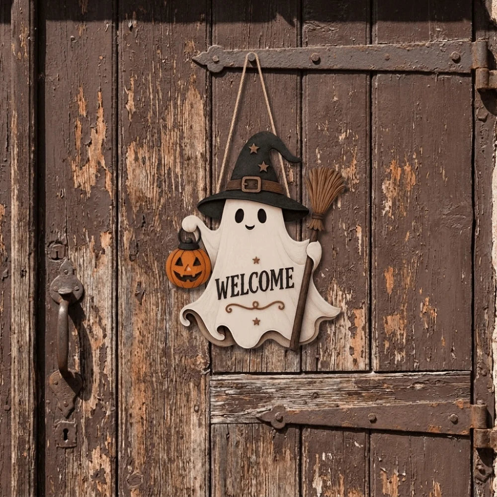 A wooden ghost door hanging featuring a witch hat and a broomstick design on an old wooden door.