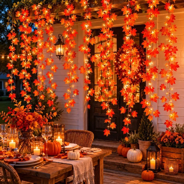 An autumn maple leaf vine garland with orange LED lights hangs in front of a wooden door.