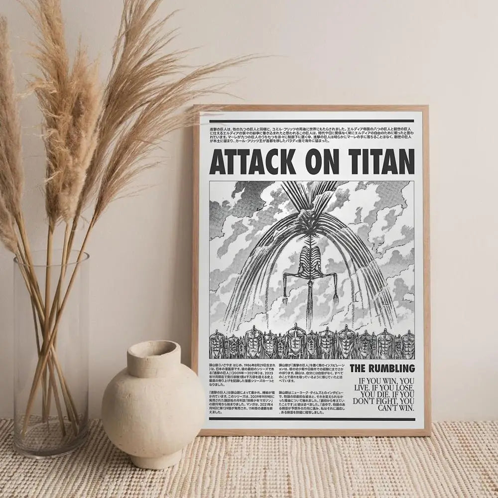A framed piece of black and white calligraphy art featuring a drawing of a Titan's head and the title Attack on Titan