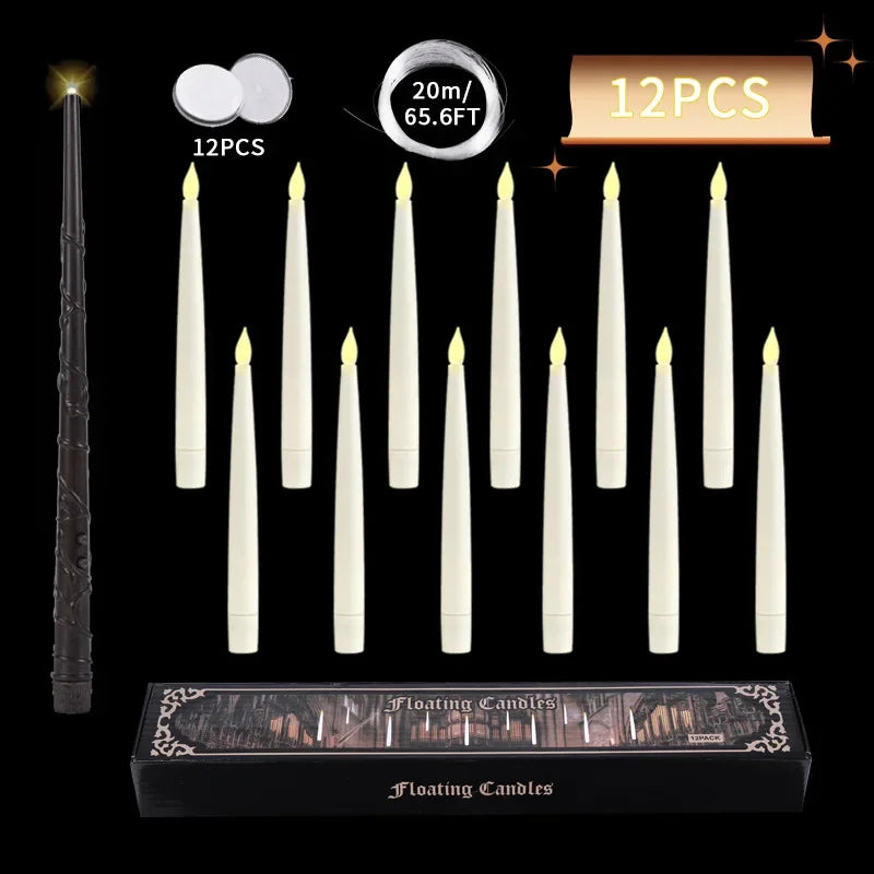 A set of twelve floating LED candles with a magic wand remote displayed in a black box.