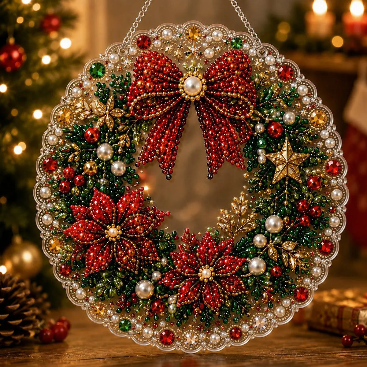 A round Christmas wreath made of red and green beads, pearls, and gold accents for a diamond painting craft.