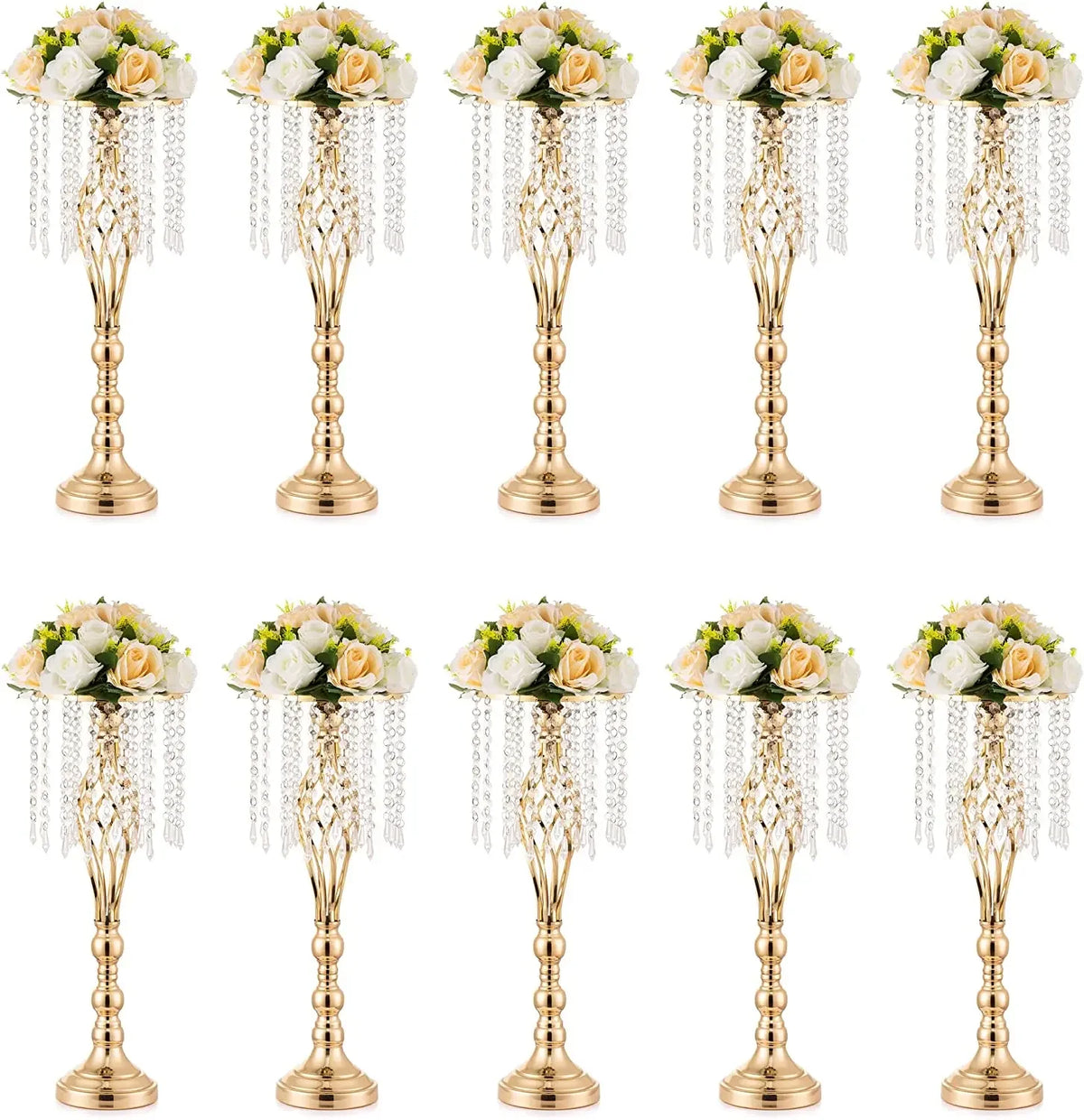 A set of gold crystal vases used for wedding centerpieces, featuring floral arrangements.