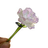 Handcrafted blue glass flower sculpture with a green stem and gold wire detail