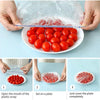 Instructions show how to open, set on a plate, and completely cover reusable clear cling film for food storage