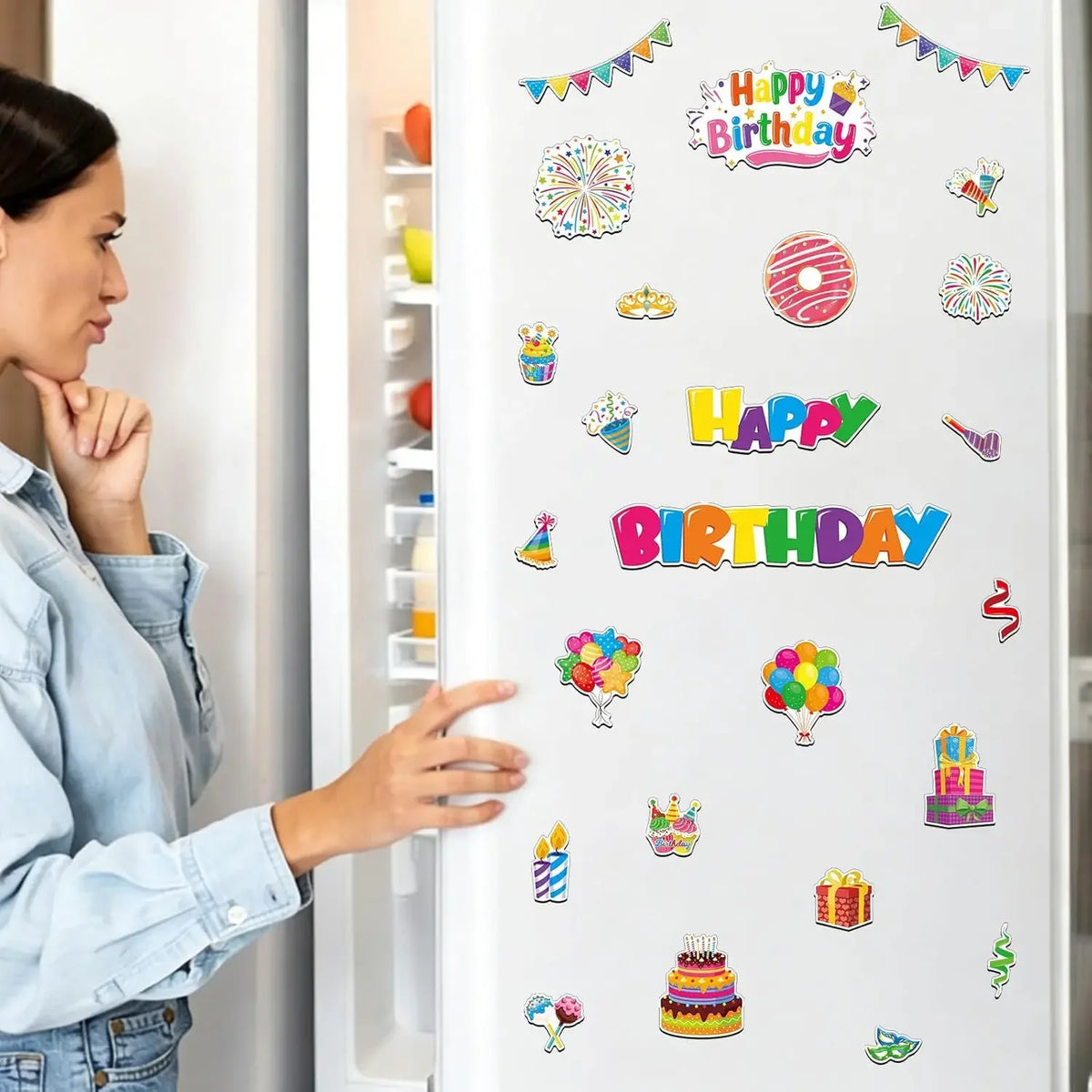 A woman is placing birthday-themed magnets on a refrigerator door, showing the set of waterproof decor magnets.