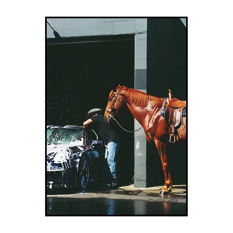 A brown horse is shown in a dynamic pose against a dark background, with a car visible in the foreground.