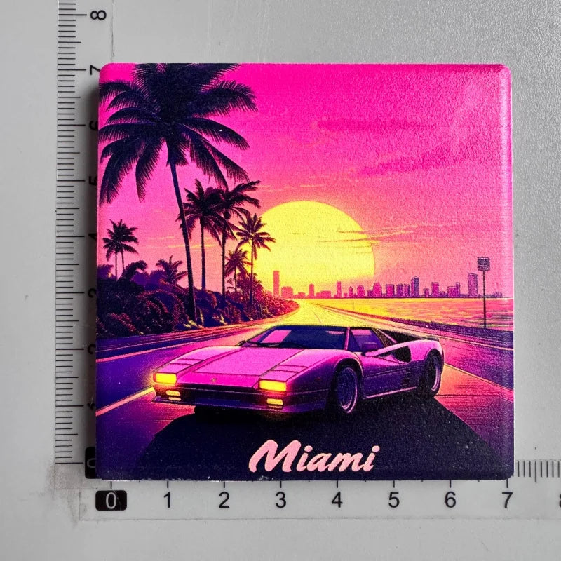 A vibrant sunset landscape featuring palm trees and a city skyline, with the word Miami written in pink text.
