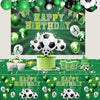 A green soccer-themed birthday banner featuring soccer balls and balloons on a green field background.
