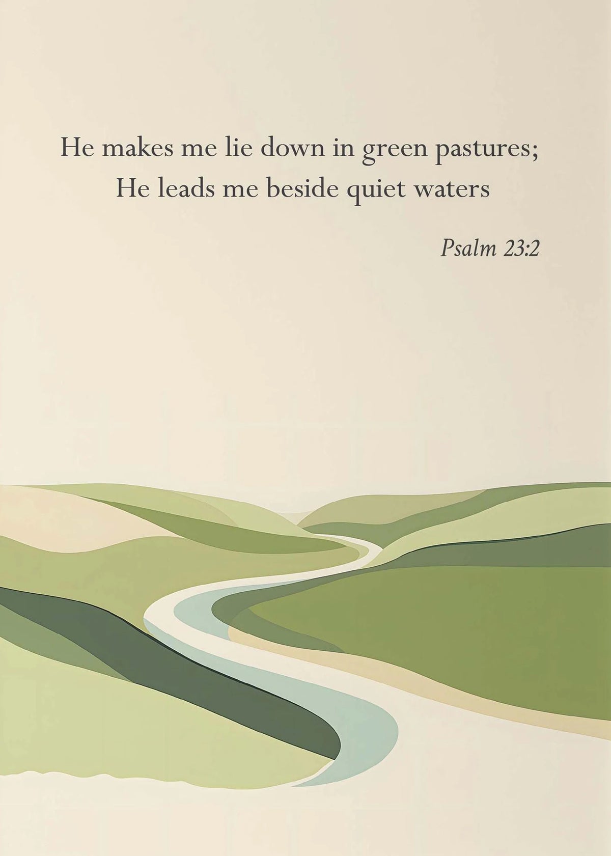 A soft watercolor landscape featuring rolling green hills and a winding river, with scripture text overlaid.