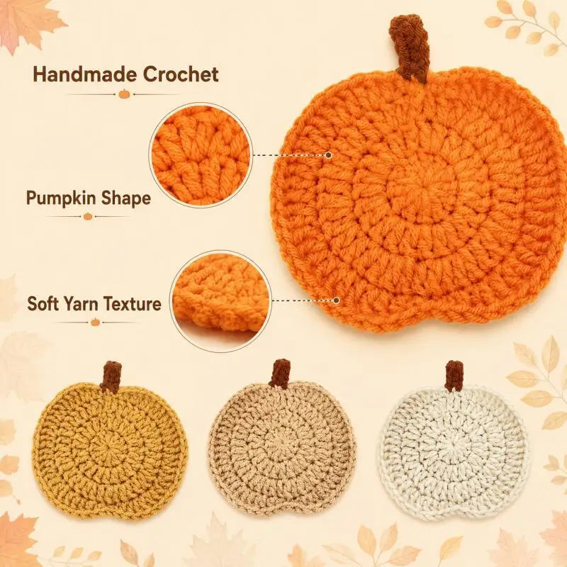 Handmade crochet pumpkin coasters in orange, beige, and gray yarn textures.
