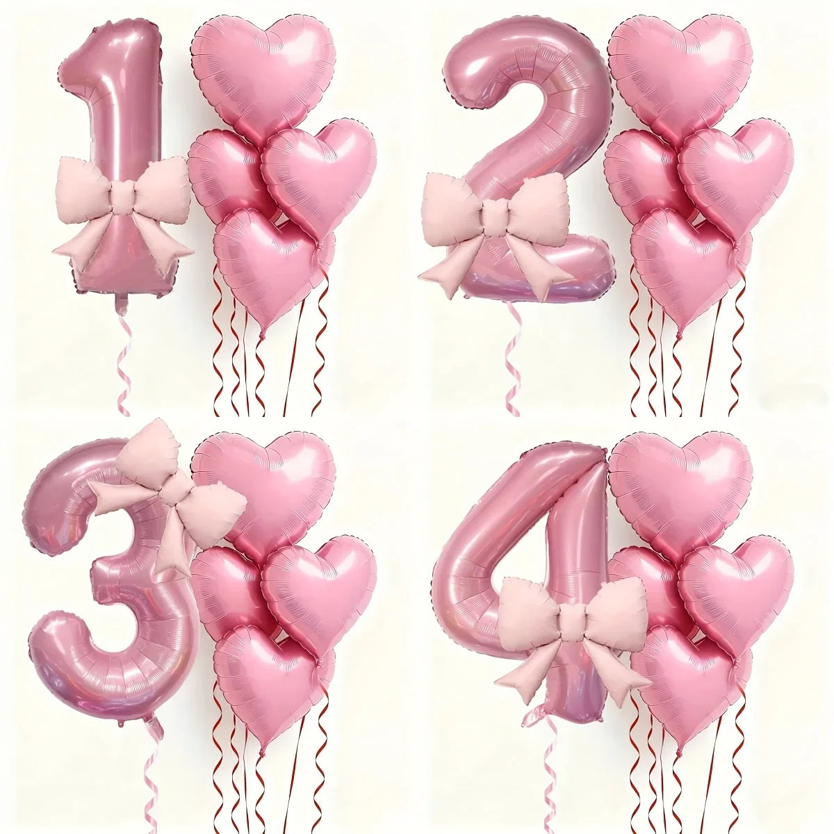 A set of pink heart-shaped number balloons 1, 2, 3, and 4 with bows and streamers for party decoration.