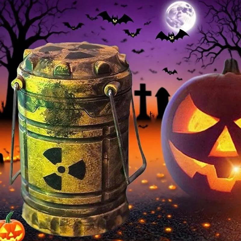 A brass mini nuclear reactor lantern with an eerie green glow sits on a dark surface under a full moon and bats.