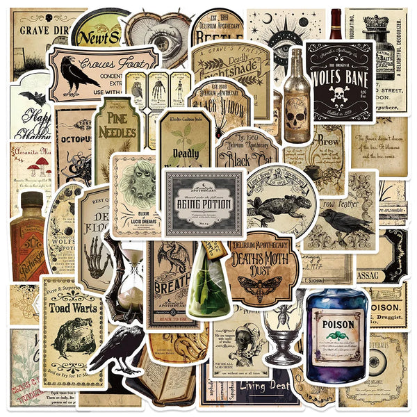 A collection of vintage Halloween potion bottle labels and retro horror stickers featuring dark, gothic, and occult designs.