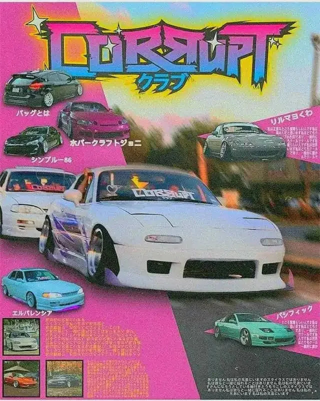 A vibrant poster featuring a stylized car graphic with the text CORRUPT and various car images.