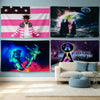 Three decorative banner flags featuring American flag motifs, a space scene, and a dramatic purple text.