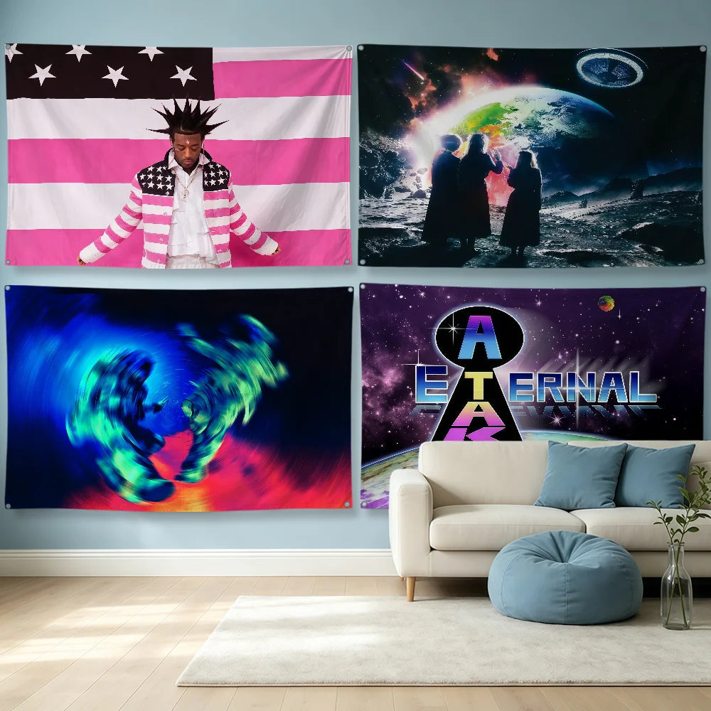 Three decorative banner flags featuring American flag motifs, a space scene, and a dramatic purple text.