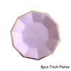 Eight 7-inch plates with a purple and gold design for party tableware.