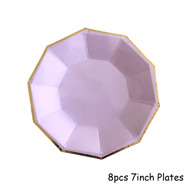 Eight 7-inch plates with a purple and gold design for party tableware.