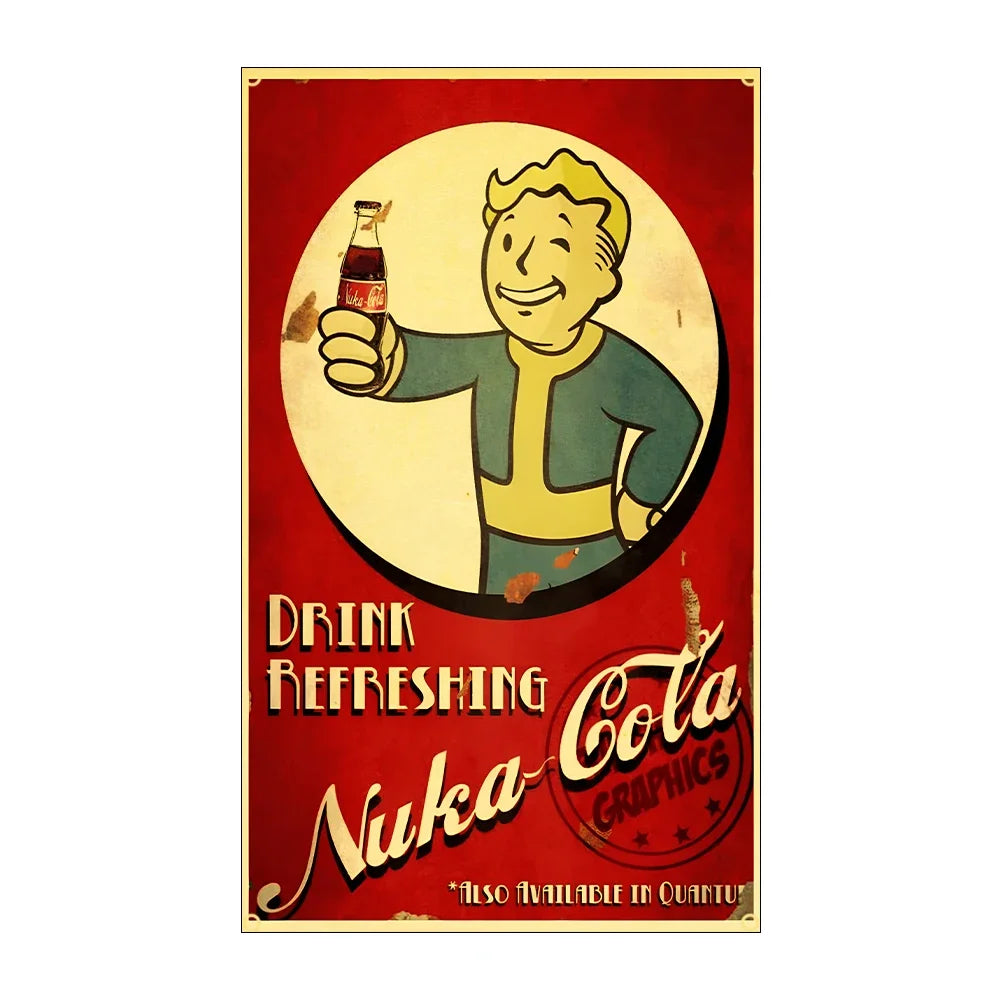 Vintage graphic banner advertising Nuka Cola Graphics featuring a smiling yellow character holding a bottle.
