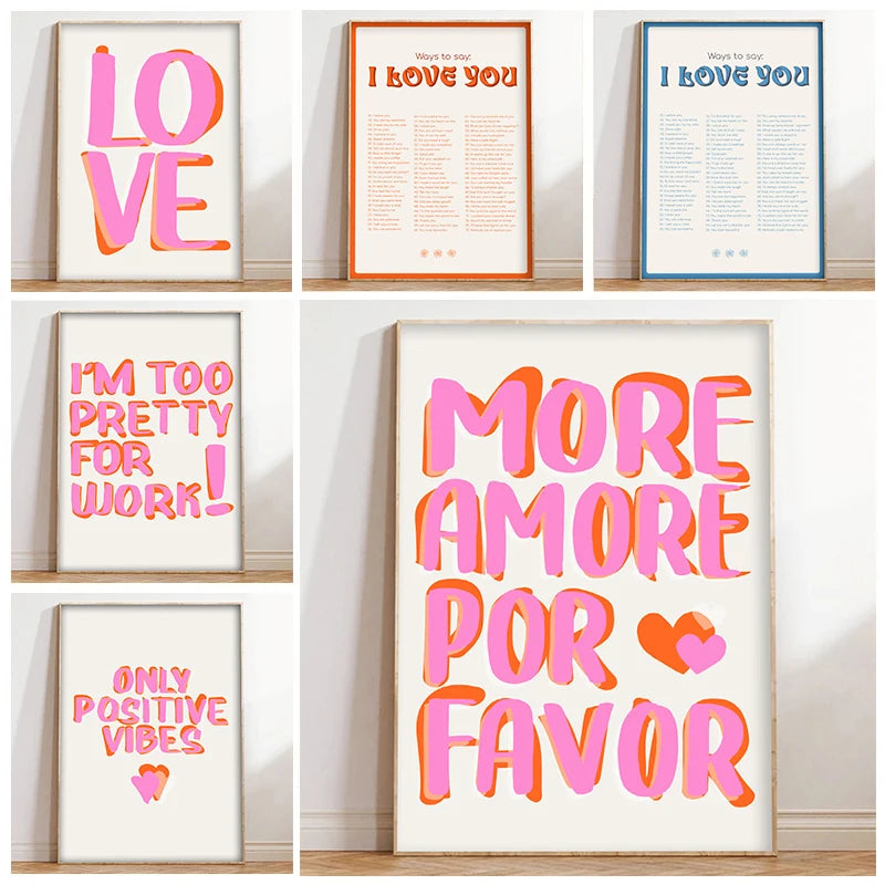 A collection of pink and blue quote canvas wall art featuring phrases like I love you, I love you, and more amore por favor.