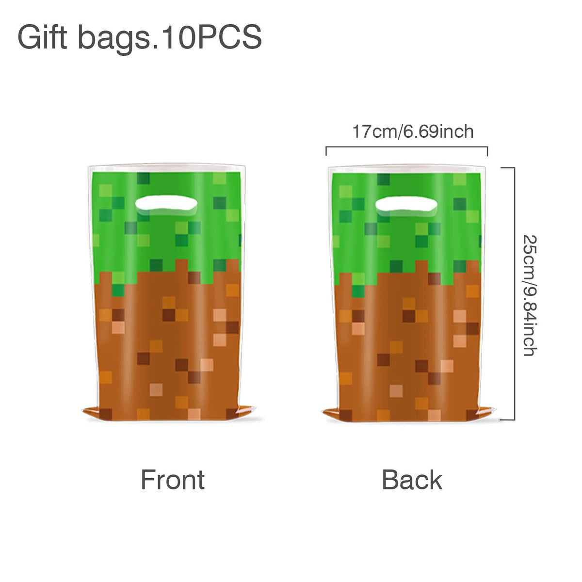 A set of 10 gift bags featuring a green miner theme with brown and green colors, shown from the front and back.