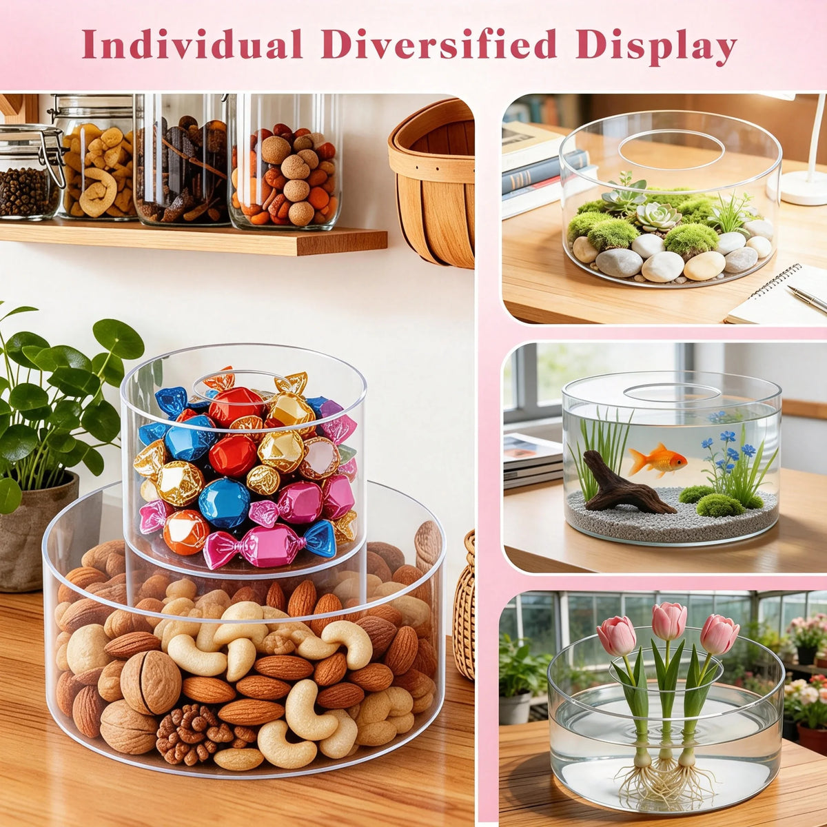 A clear acrylic cake stand filled with various nuts and dried fruits for a individual diversified display.