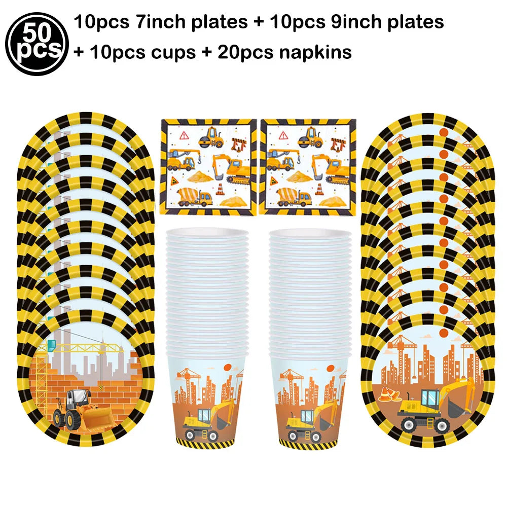 A set of construction vehicle themed plates, cups, napkins, and cups with various sizes.