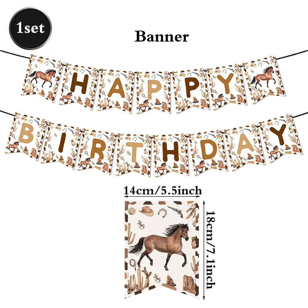 Banner set featuring foil horses and decorative elements for a happy birthday celebration