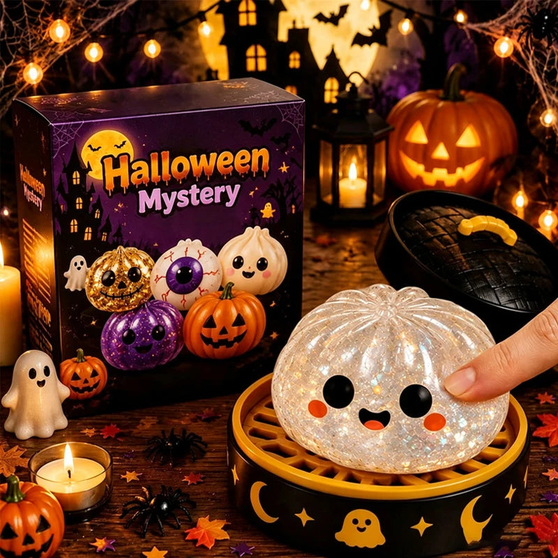 A glowing Halloween simulation baozi ghost dumpling toy resting in a wooden box surrounded by pumpkins and spooky decorations