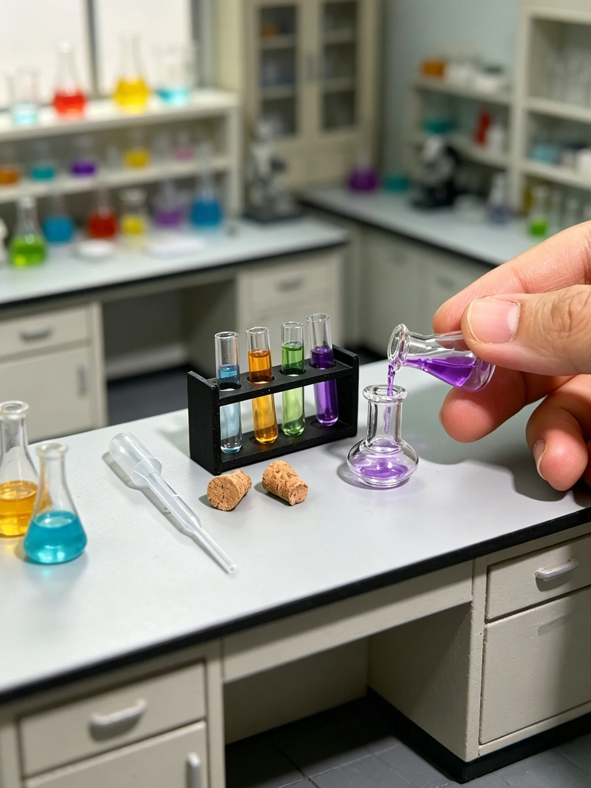 A hand holds a glass pipette with purple liquid, next to various small vials and wooden cubes on a laboratory counter.