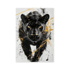 A striking black panther head portrait with gold splatter accents on a white background.