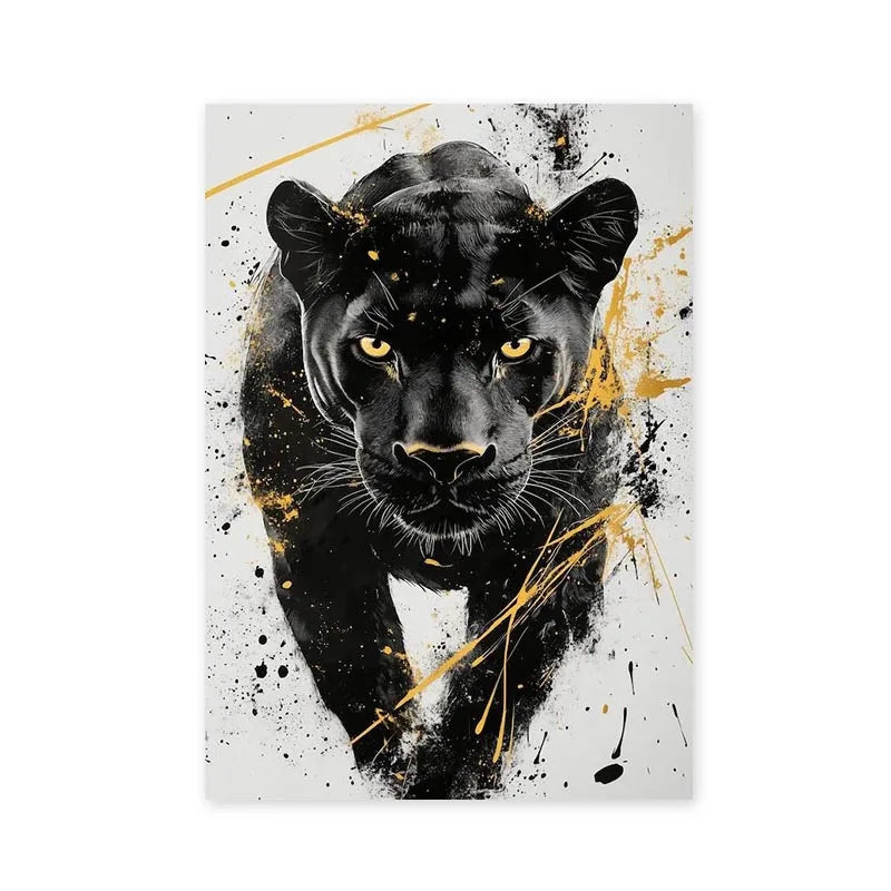A striking black panther head portrait with gold splatter accents on a white background.