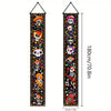 Vertical banner featuring Day of the Dead motifs including Mexican skulls and colorful floral designs